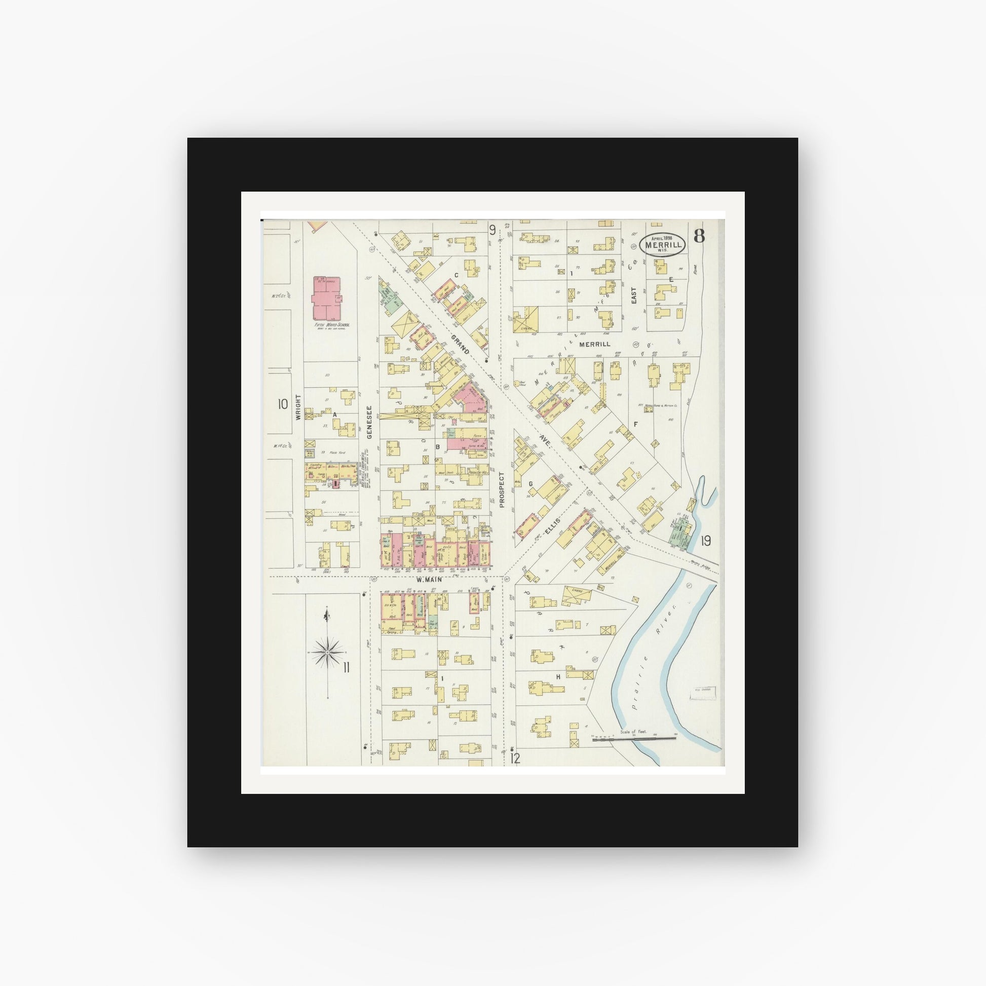Old map wall art mockup — black gallery frame with white mat — Sanborn Fire Insurance Map from Merrill, Lincoln County, Wisconsin (1898), Sheet #0008