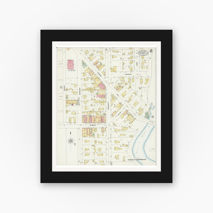 Old map wall art mockup — black gallery frame with white mat — Sanborn Fire Insurance Map from Merrill, Lincoln County, Wisconsin (1898), Sheet #0008