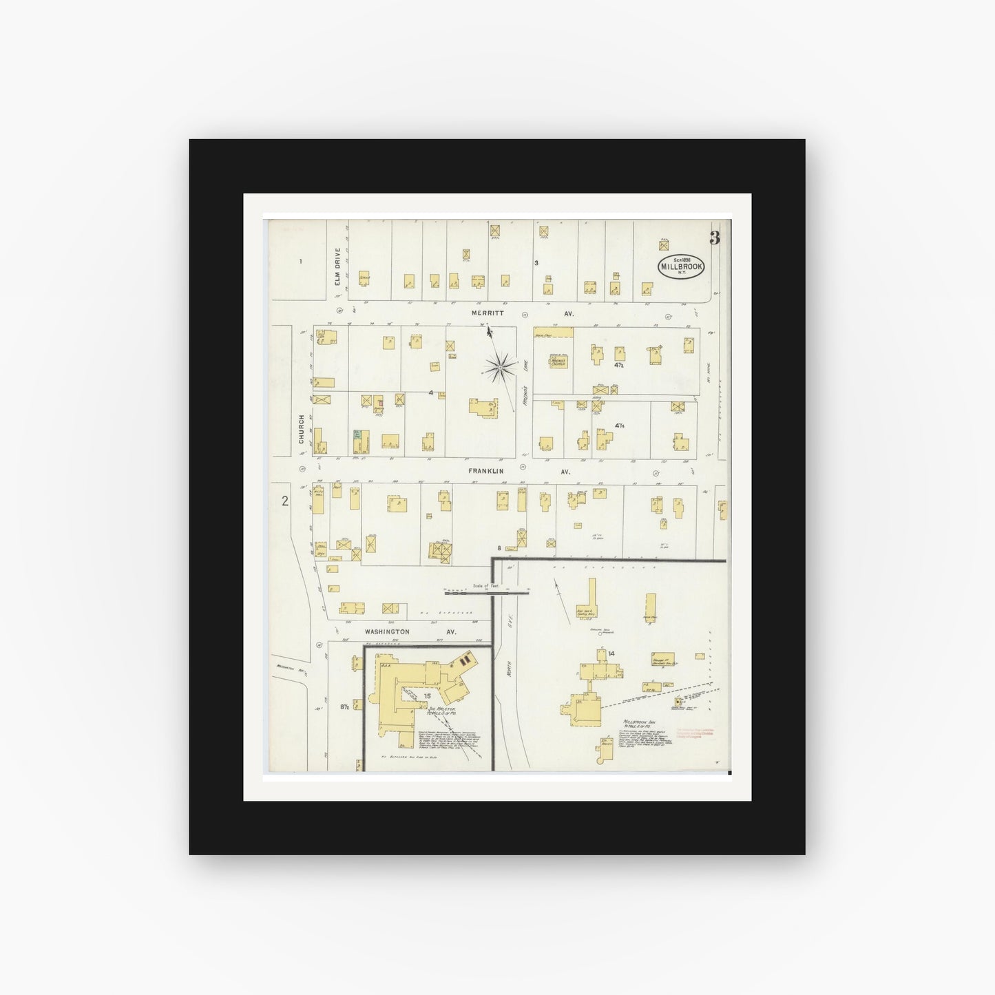 Old map wall art mockup — black gallery frame with white mat — Sanborn Fire Insurance Map from Millbrook, Dutchess County, New York (1898), Sheet #0003