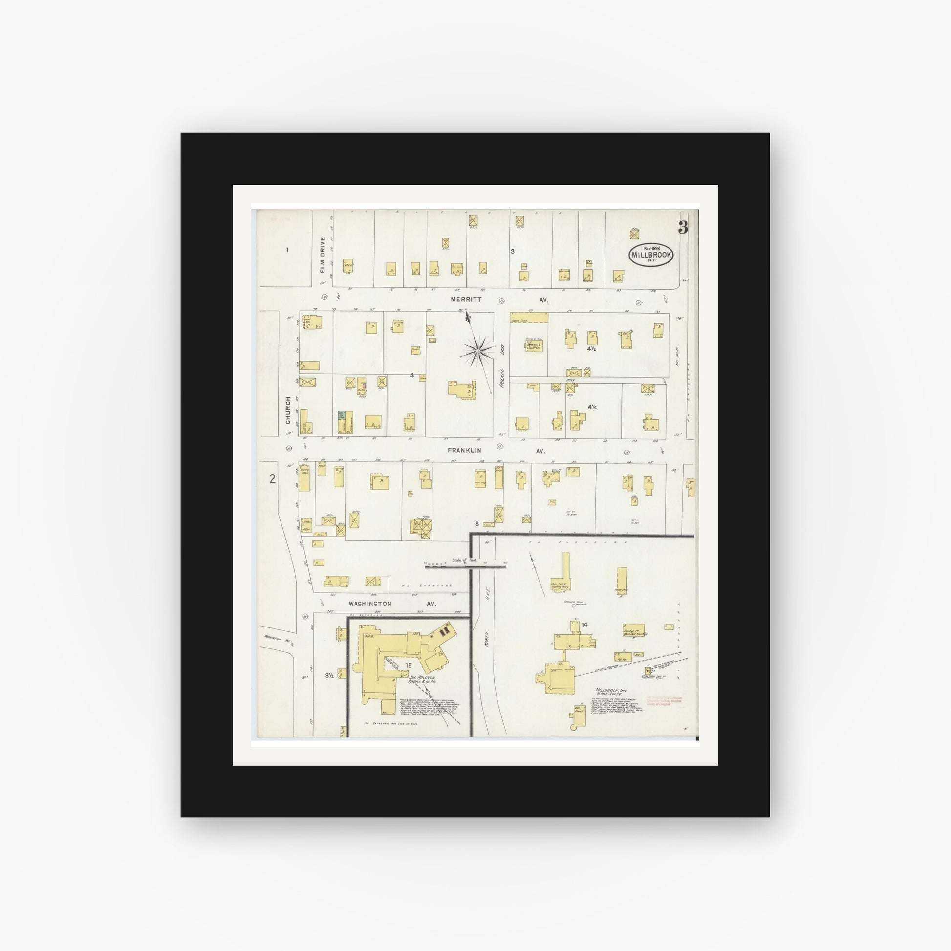 Old map wall art mockup — black gallery frame with white mat — Sanborn Fire Insurance Map from Millbrook, Dutchess County, New York (1898), Sheet #0003