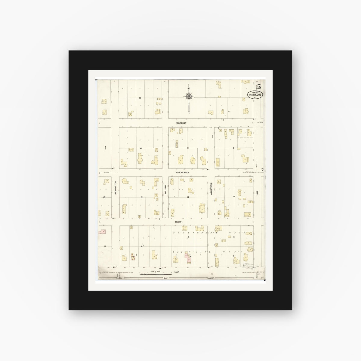 Old map wall art mockup — black gallery frame with white mat — Sanborn Fire Insurance Map from Waukon, Allamakee County, Iowa (1913), Sheet #0005