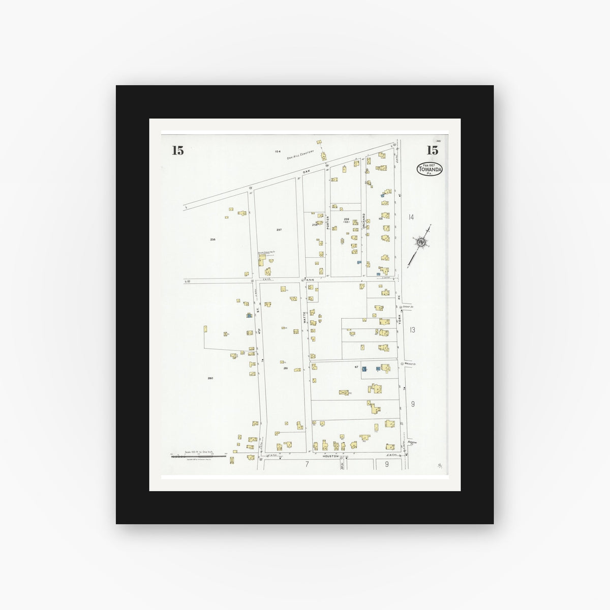 Old map wall art mockup — black gallery frame with white mat — Sanborn Fire Insurance Map from Towanda, Bradford County, Pennsylvania (1927), Sheet #0015