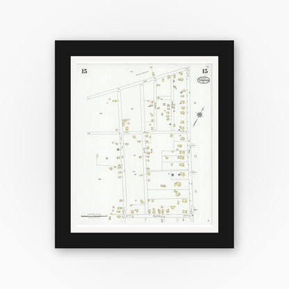 Old map wall art mockup — black gallery frame with white mat — Sanborn Fire Insurance Map from Towanda, Bradford County, Pennsylvania (1927), Sheet #0015