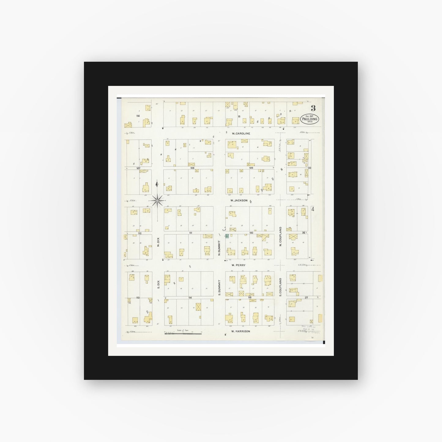 Old map wall art mockup — black gallery frame with white mat — Sanborn Fire Insurance Map from Paulding, Paulding County, Ohio (1907), Sheet #0003