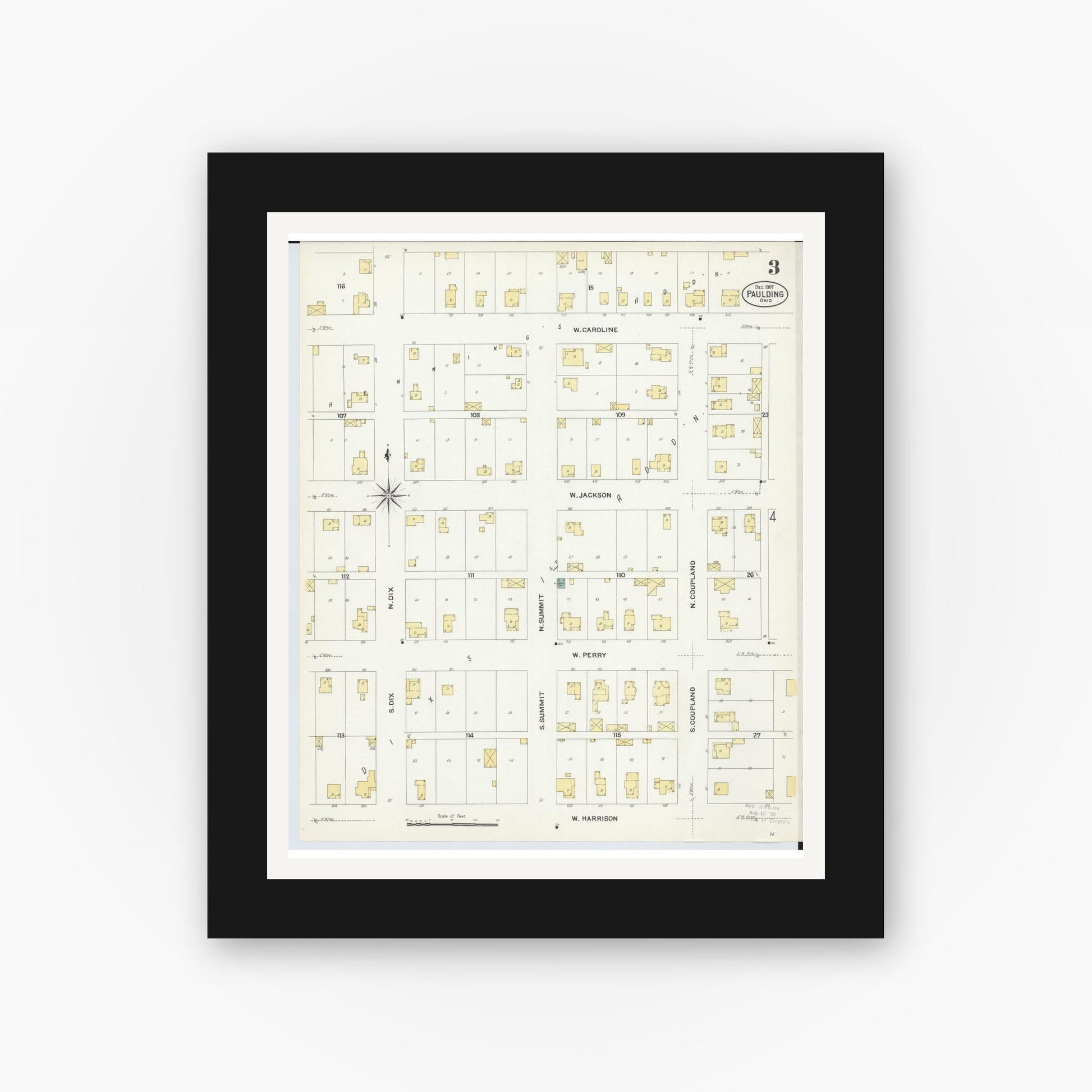 Old map wall art mockup — black gallery frame with white mat — Sanborn Fire Insurance Map from Paulding, Paulding County, Ohio (1907), Sheet #0003