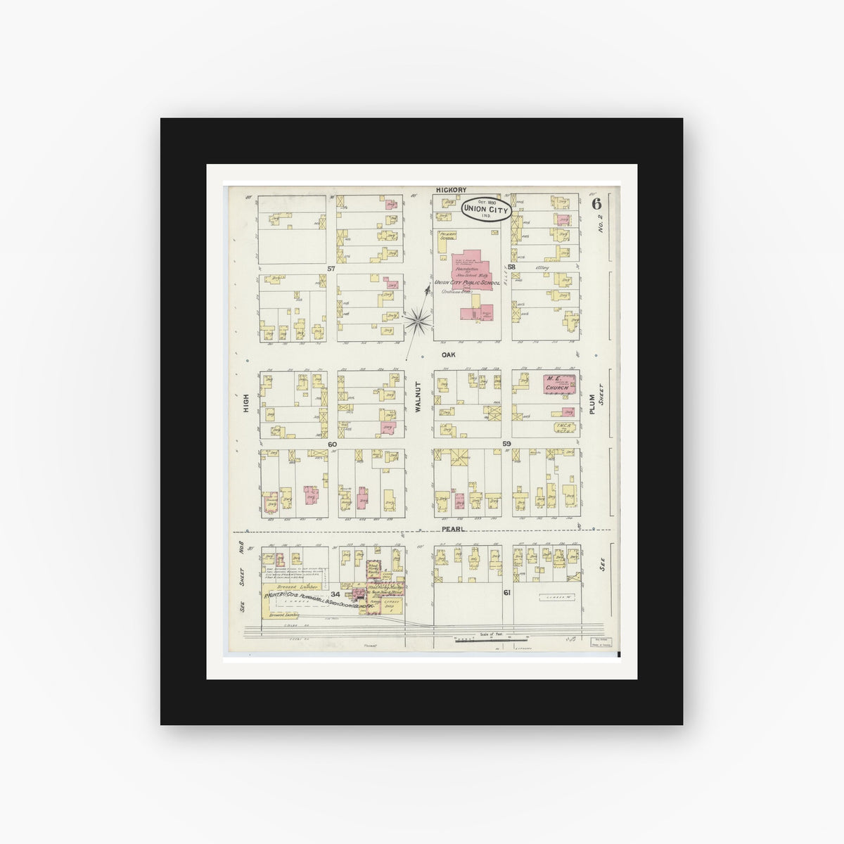 Old map wall art mockup — black gallery frame with white mat — Sanborn Fire Insurance Map from Union City, Randolph County, Indiana (1890), Sheet #0006