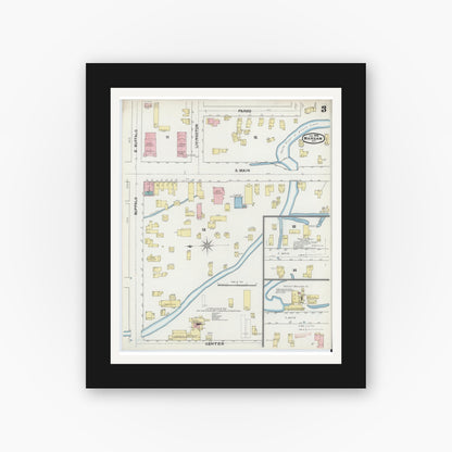 Old map wall art mockup — black gallery frame with white mat — Sanborn Fire Insurance Map from Warsaw, Wyoming County, New York (1892), Sheet #0003