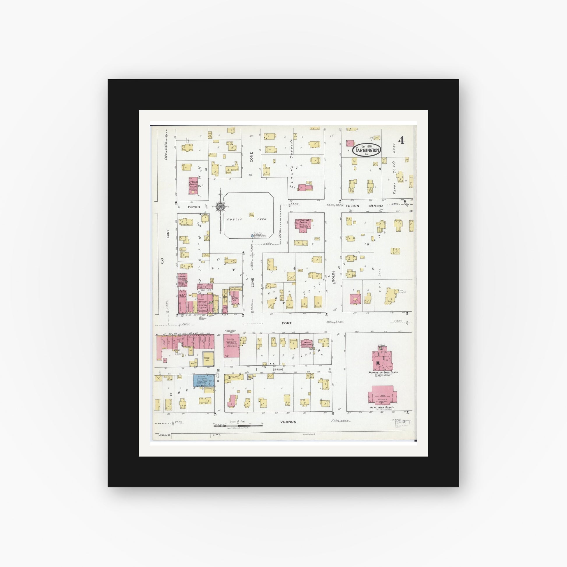 Old map wall art mockup — black gallery frame with white mat — Sanborn Fire Insurance Map from Farmington, Fulton County, Illinois (1918), Sheet #0004