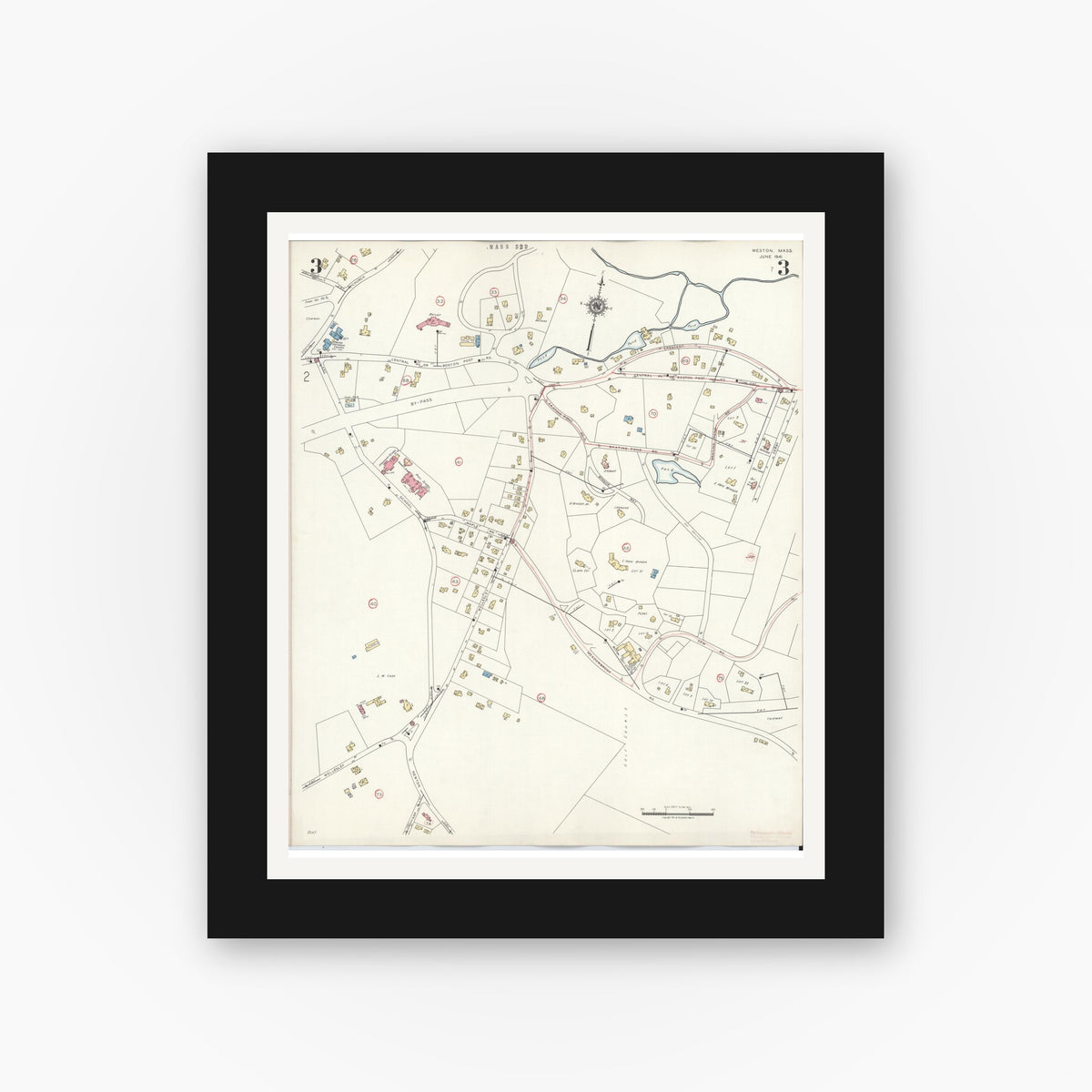 Old map wall art mockup — black gallery frame with white mat — Sanborn Fire Insurance Map from Weston, Middlesex County, Massachusetts (1941), Sheet #0003
