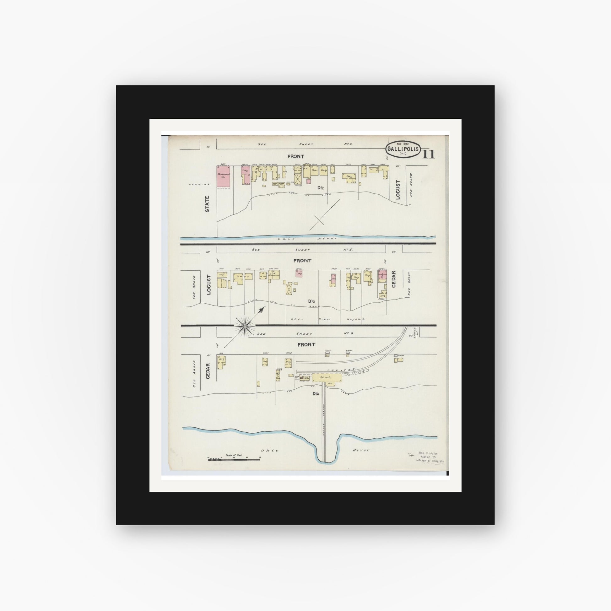 Old map wall art mockup — black gallery frame with white mat — Sanborn Fire Insurance Map from Gallipolis, Gallia County, Ohio (1890), Sheet #0011