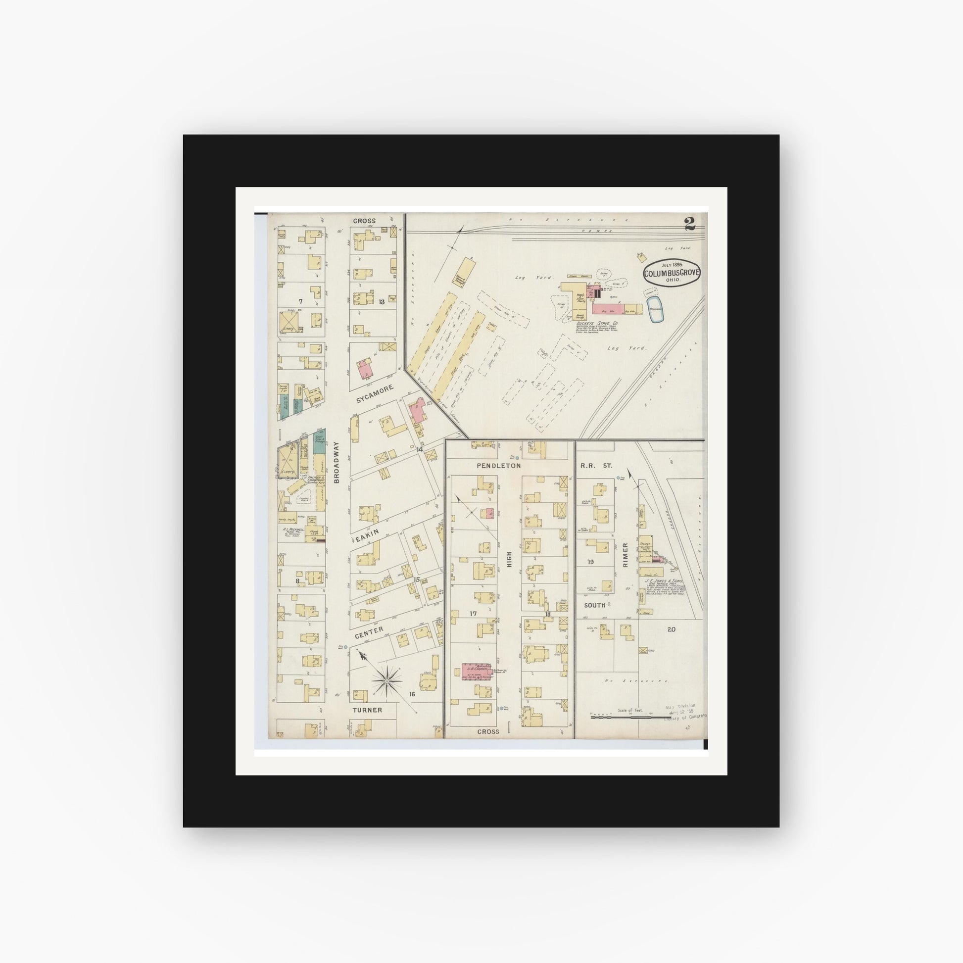 Old map wall art mockup — black gallery frame with white mat — Sanborn Fire Insurance Map from Columbus Grove, Putnam County, Ohio (1895), Sheet #0002
