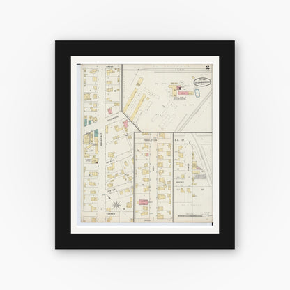 Old map wall art mockup — black gallery frame with white mat — Sanborn Fire Insurance Map from Columbus Grove, Putnam County, Ohio (1895), Sheet #0002
