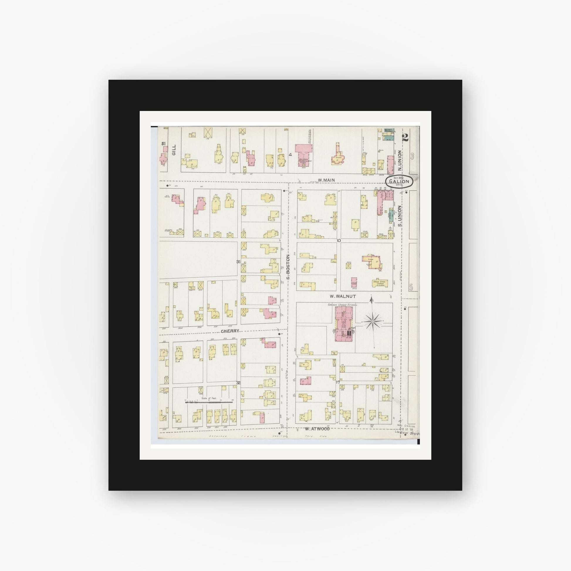 Old map wall art mockup — black gallery frame with white mat — Sanborn Fire Insurance Map from Galion, Crawford County, Ohio (1892), Sheet #0002