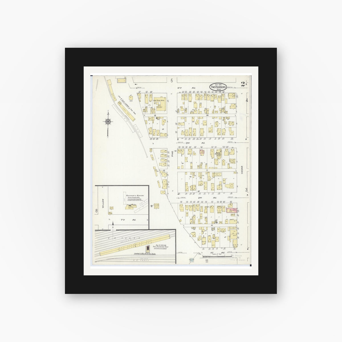 Old map wall art mockup — black gallery frame with white mat — Sanborn Fire Insurance Map from Two Harbors, Lake County, Minnesota (1914), Sheet #0002