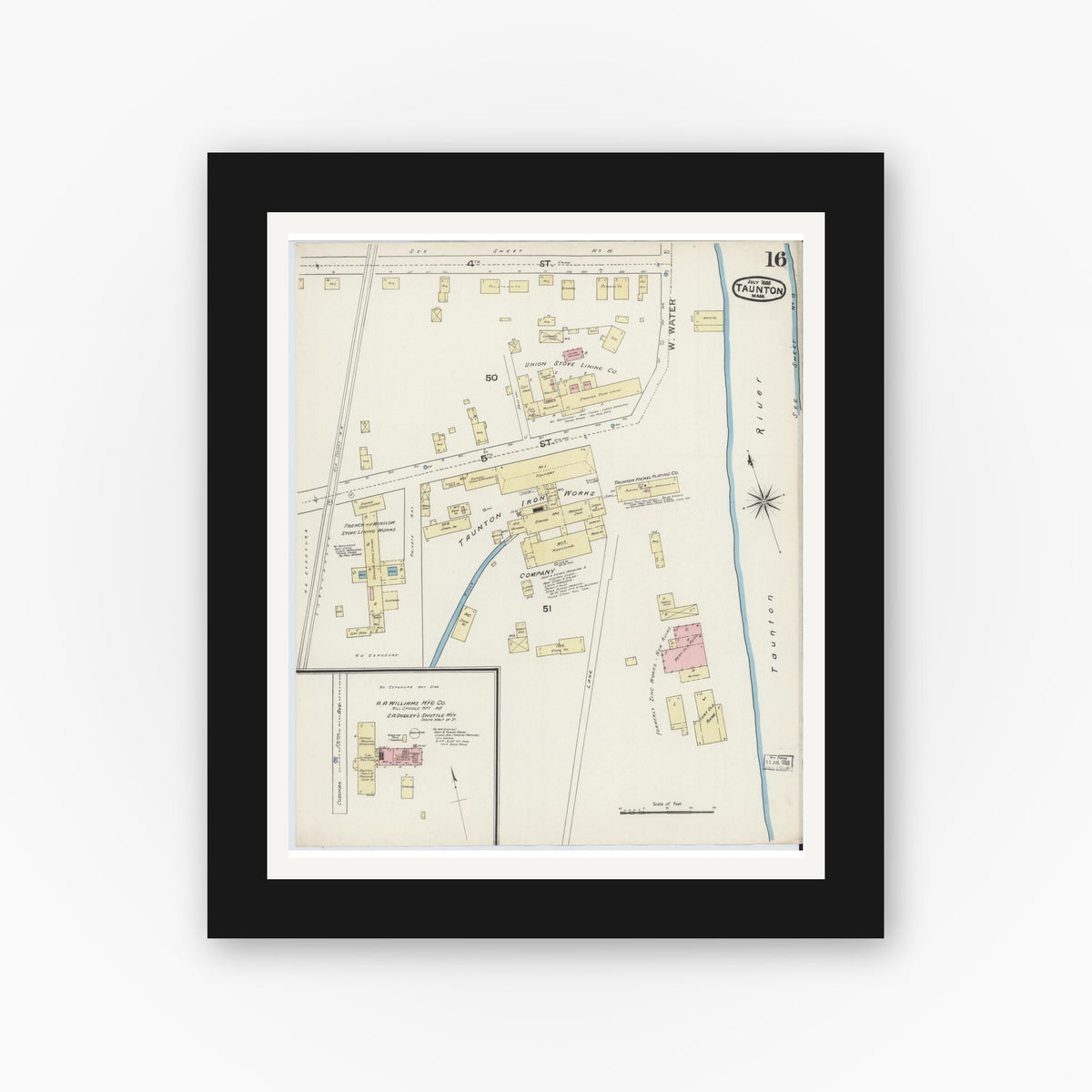Old map wall art mockup — black gallery frame with white mat — Sanborn Fire Insurance Map from Taunton, Bristol County, Massachusetts (1888), Sheet #0016