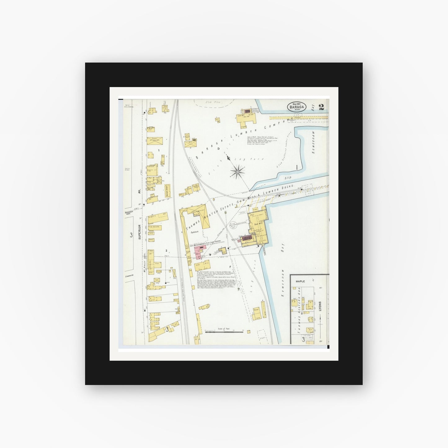 Old map wall art mockup — black gallery frame with white mat — Sanborn Fire Insurance Map from Baraga, Baraga County, Michigan (1902), Sheet #0002