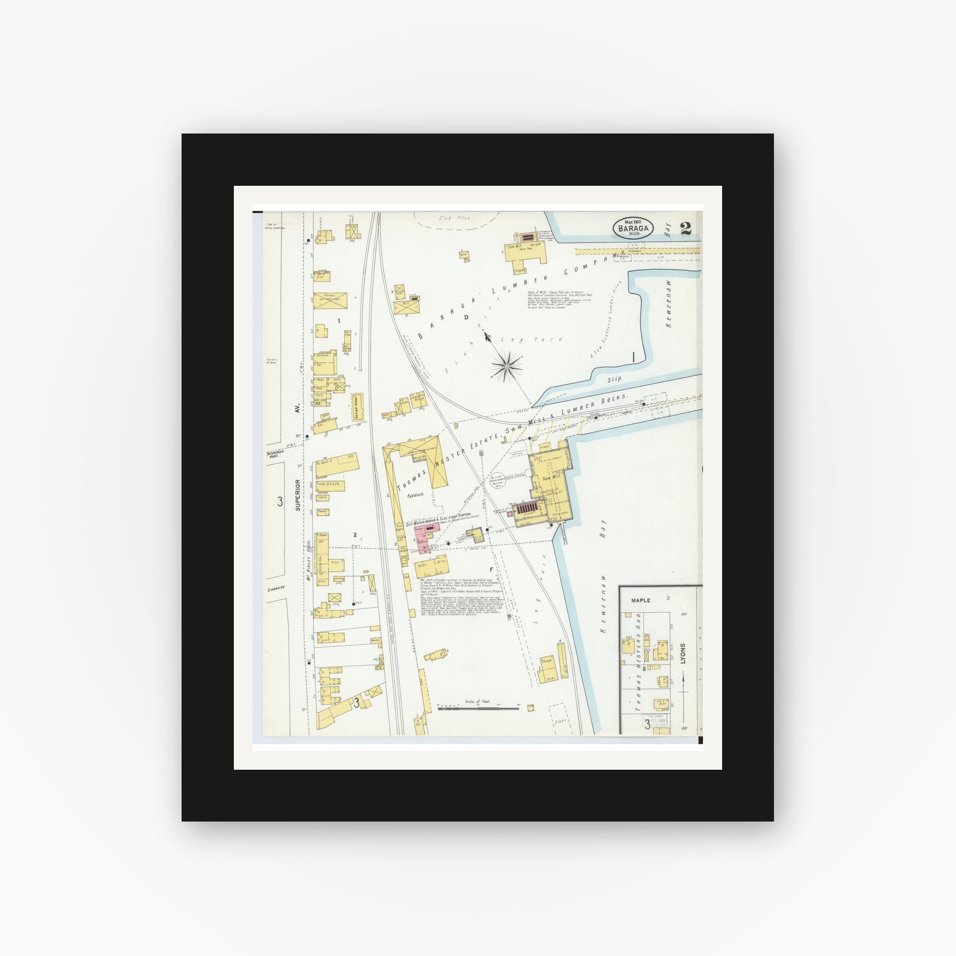 Old map wall art mockup — black gallery frame with white mat — Sanborn Fire Insurance Map from Baraga, Baraga County, Michigan (1902), Sheet #0002