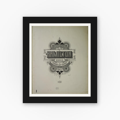 Old map wall art mockup — black gallery frame with white mat — Sanborn Fire Insurance Map from Hamilton, Butler County, Ohio (1927), Sheet #0001
