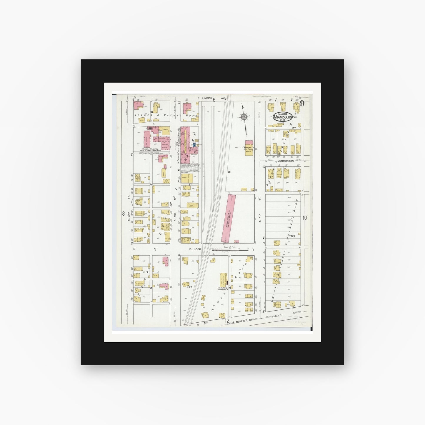 Old map wall art mockup — black gallery frame with white mat — Sanborn Fire Insurance Map from Miamisburg, Montgomery County, Ohio (1919), Sheet #0009