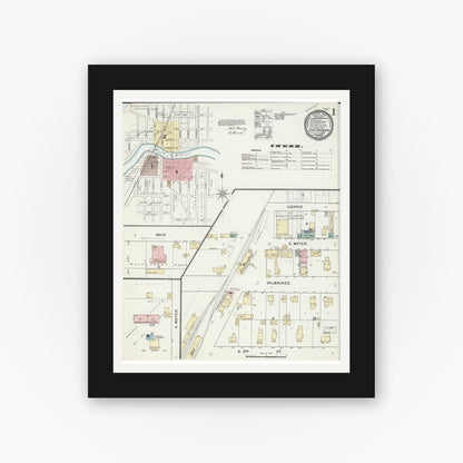 Old map wall art mockup — black gallery frame with white mat — Sanborn Fire Insurance Map from Fort Atkinson, Jefferson County, Wisconsin (1892), Sheet #0001