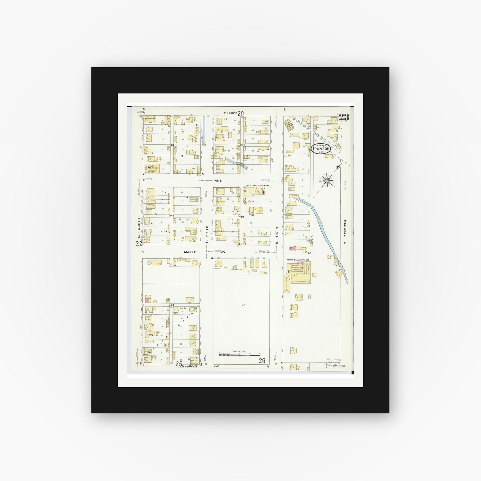 Old map wall art mockup — black gallery frame with white mat — Sanborn Fire Insurance Map from Ironton, Lawrence County, Ohio (1909), Sheet #0023