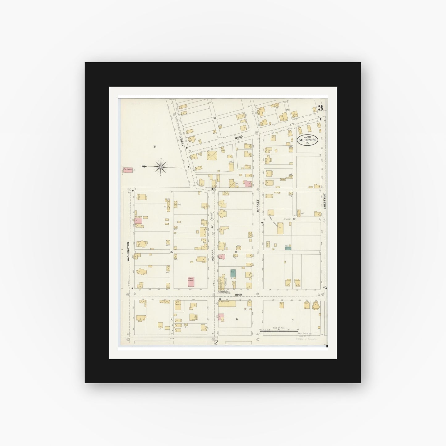 Old map wall art mockup — black gallery frame with white mat — Sanborn Fire Insurance Map from Saltsburg, Indiana County, Pennsylvania (1903), Sheet #0003