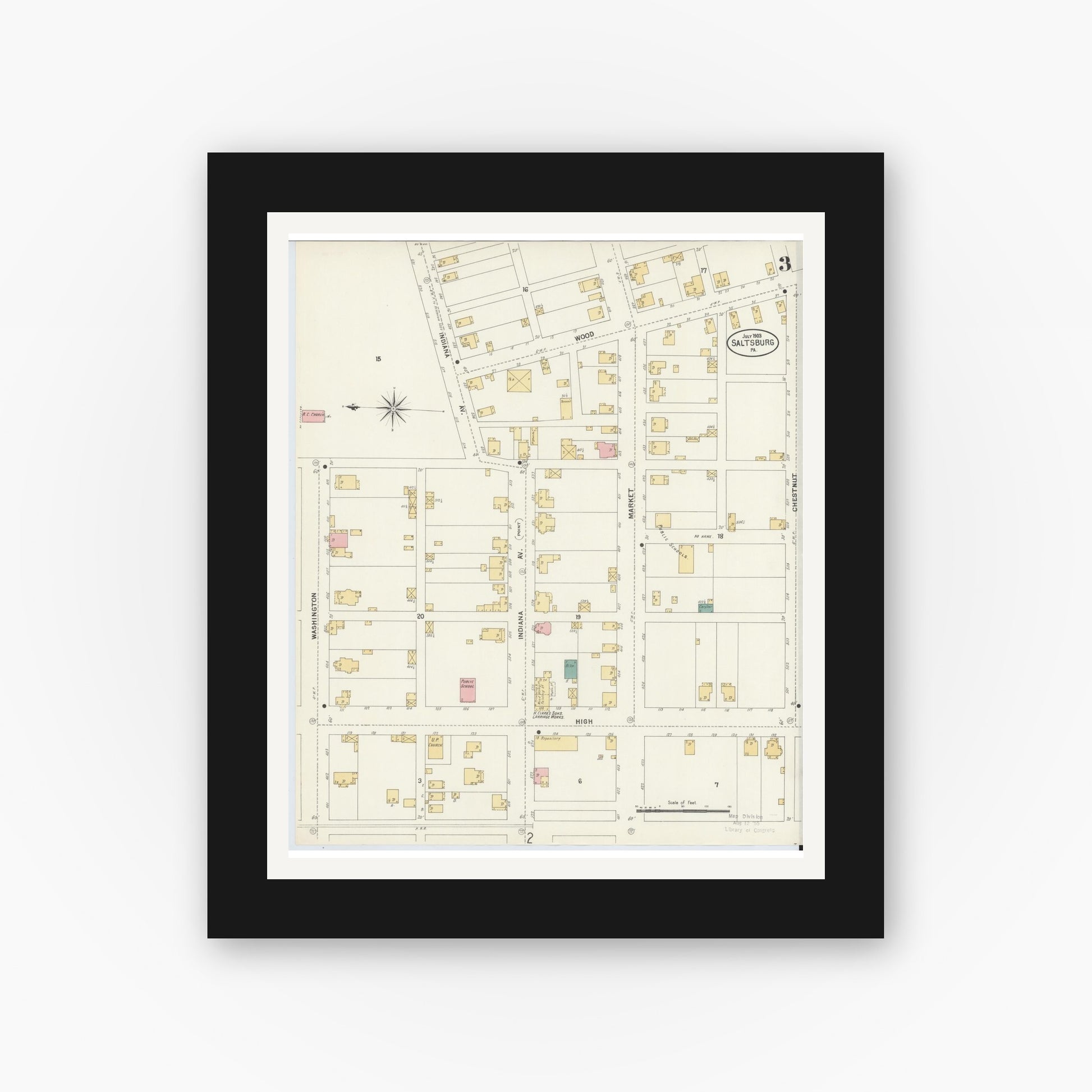 Old map wall art mockup — black gallery frame with white mat — Sanborn Fire Insurance Map from Saltsburg, Indiana County, Pennsylvania (1903), Sheet #0003