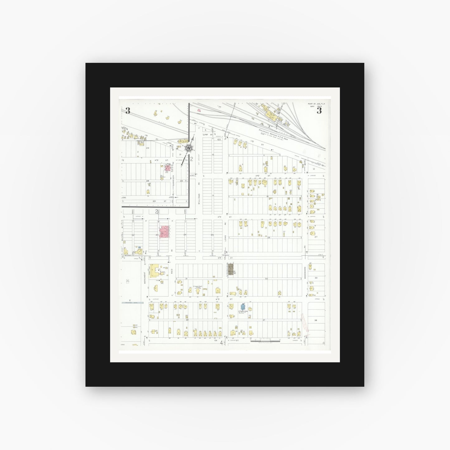 Old map wall art mockup — black gallery frame with white mat — Sanborn Fire Insurance Map from Port Saint Joe, Gulf County, Florida (1940), Sheet #0003