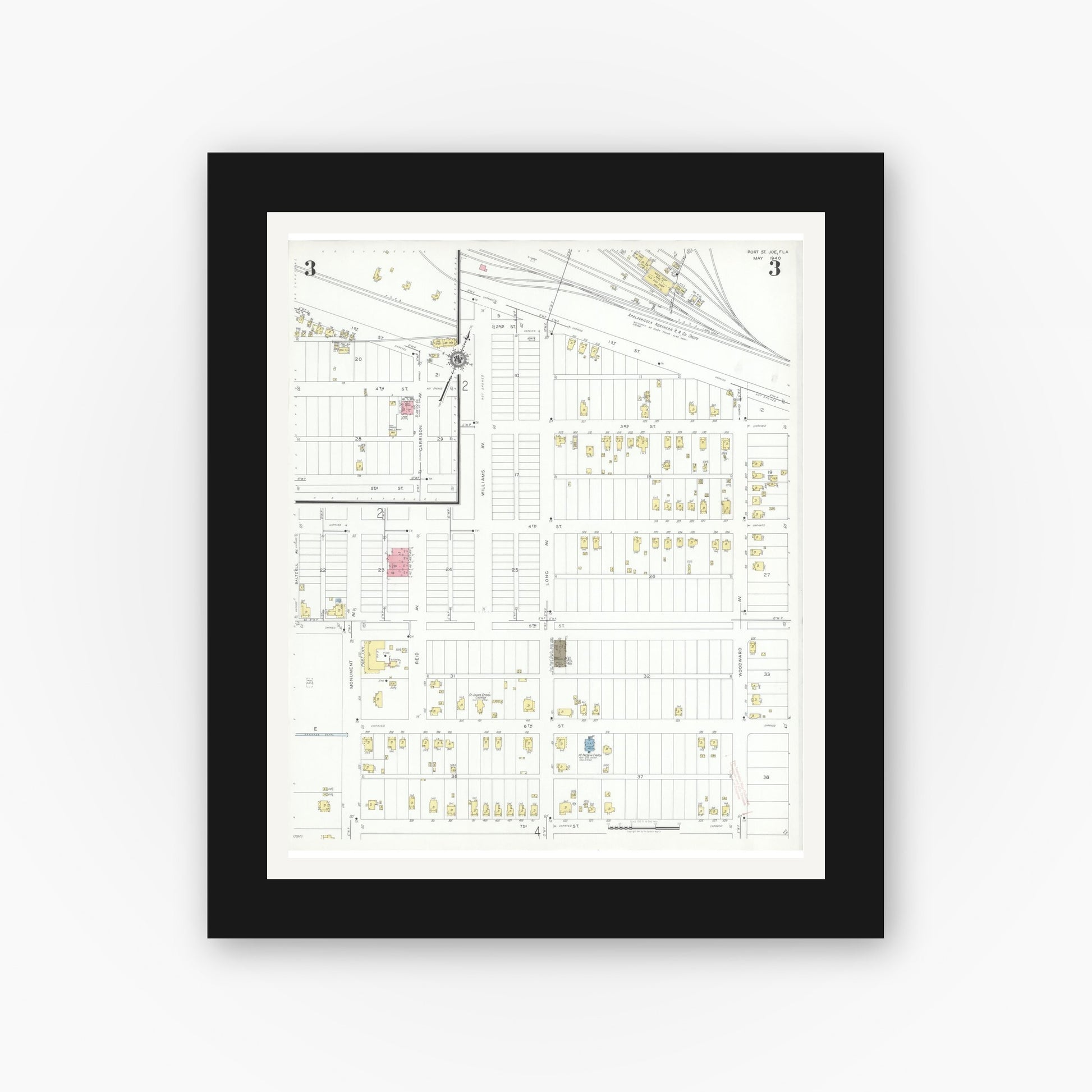 Old map wall art mockup — black gallery frame with white mat — Sanborn Fire Insurance Map from Port Saint Joe, Gulf County, Florida (1940), Sheet #0003