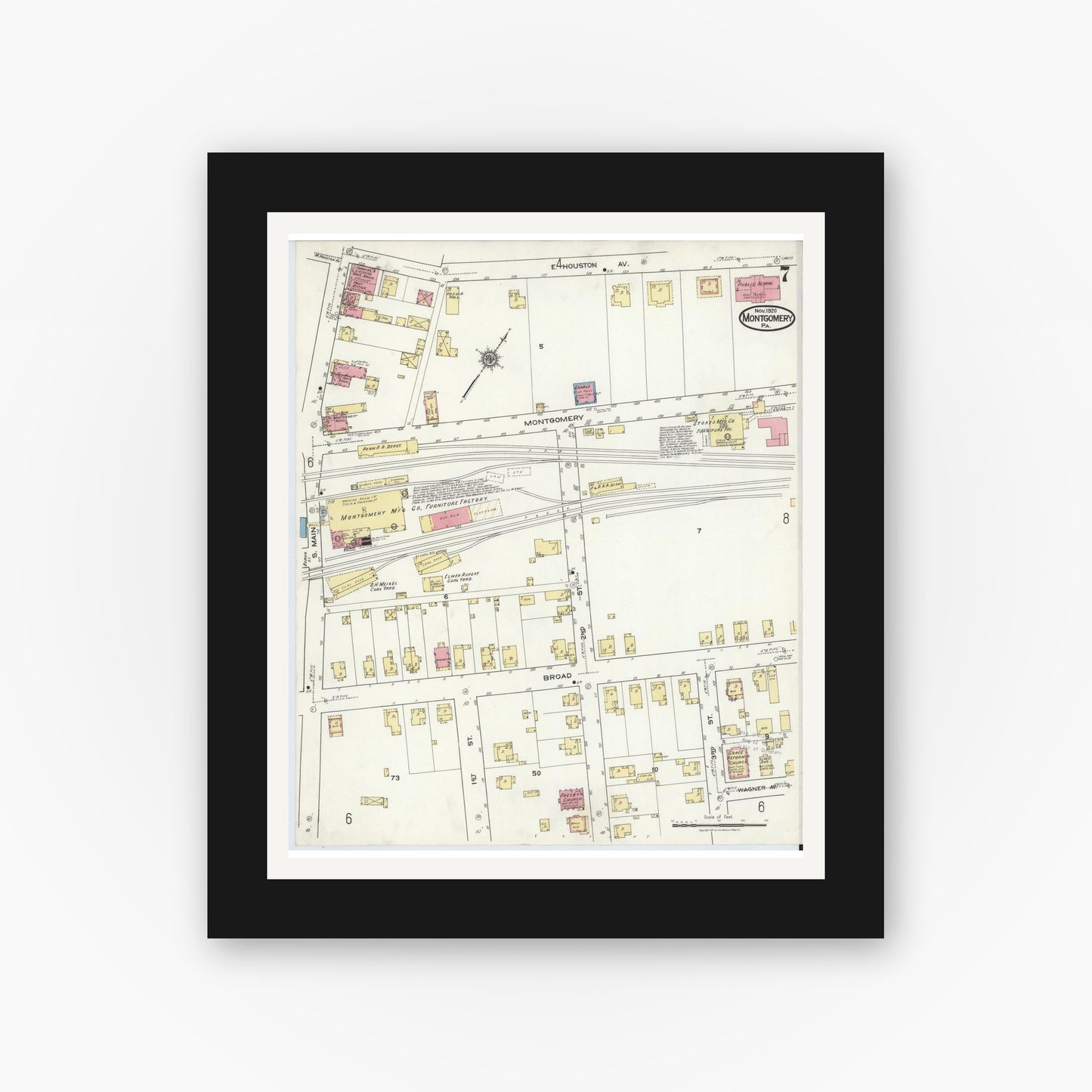Old map wall art mockup — black gallery frame with white mat — Sanborn Fire Insurance Map from Montgomery, Lycoming County, Pennsylvania (1920), Sheet #0007