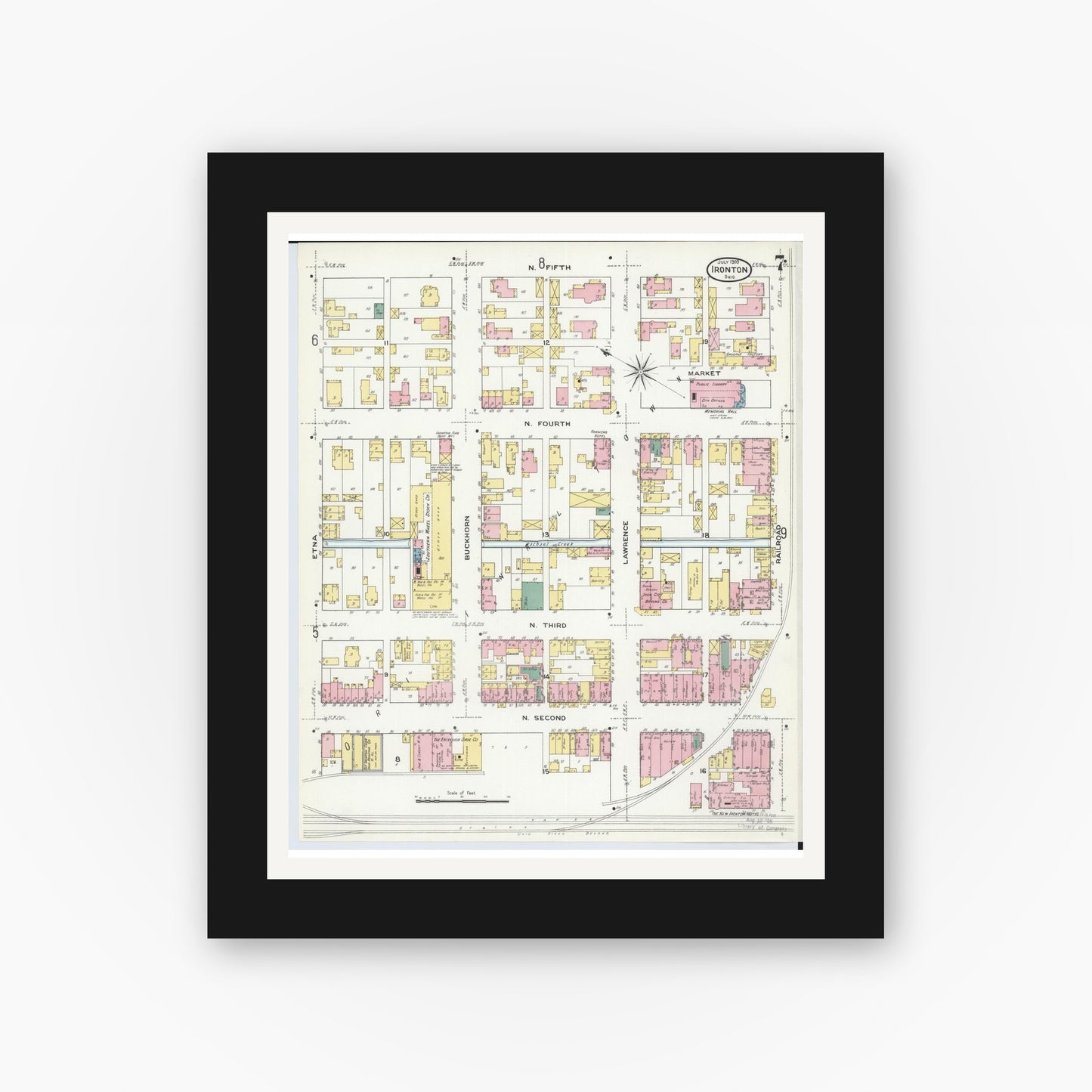 Old map wall art mockup — black gallery frame with white mat — Sanborn Fire Insurance Map from Ironton, Lawrence County, Ohio (1909), Sheet #0007