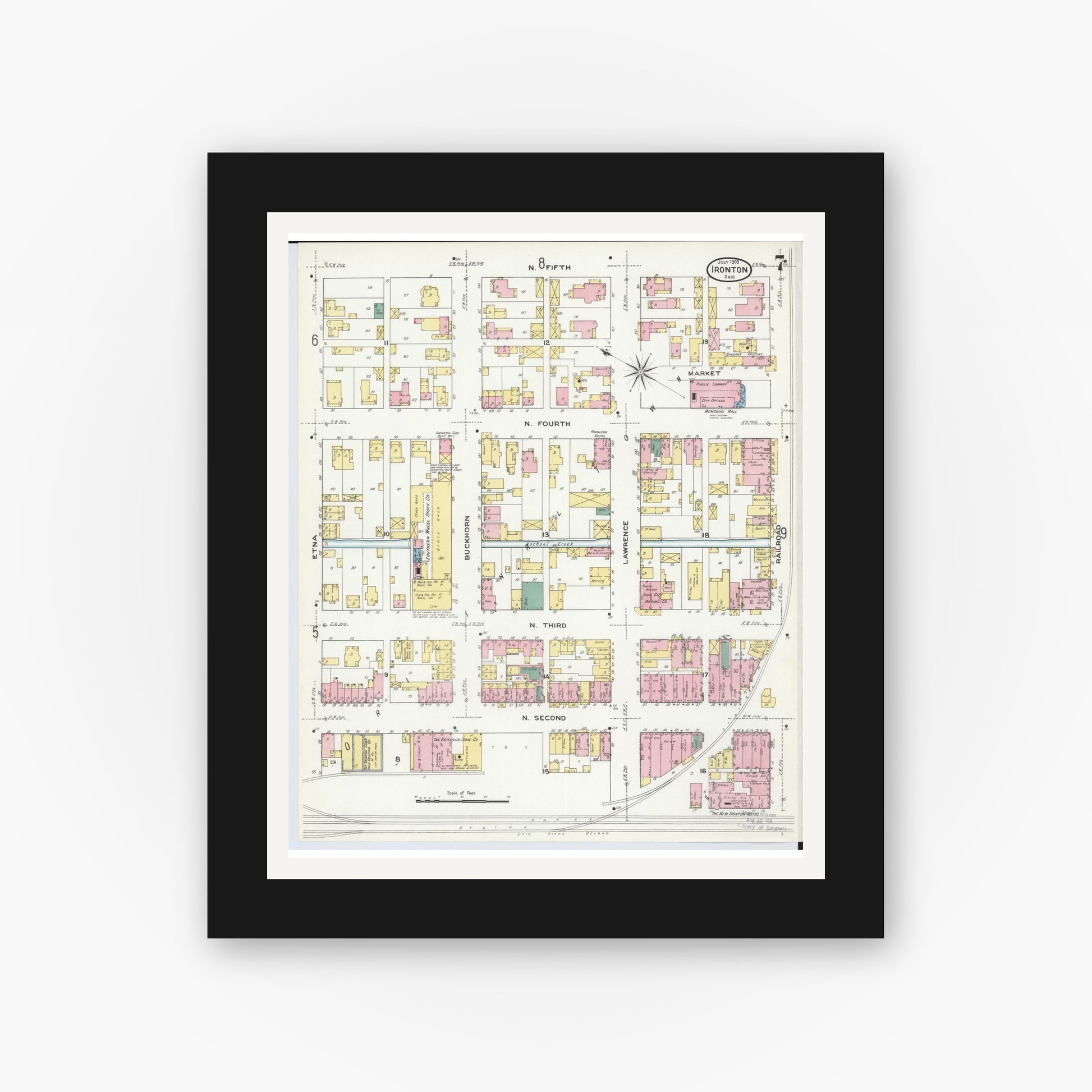 Old map wall art mockup — black gallery frame with white mat — Sanborn Fire Insurance Map from Ironton, Lawrence County, Ohio (1909), Sheet #0007
