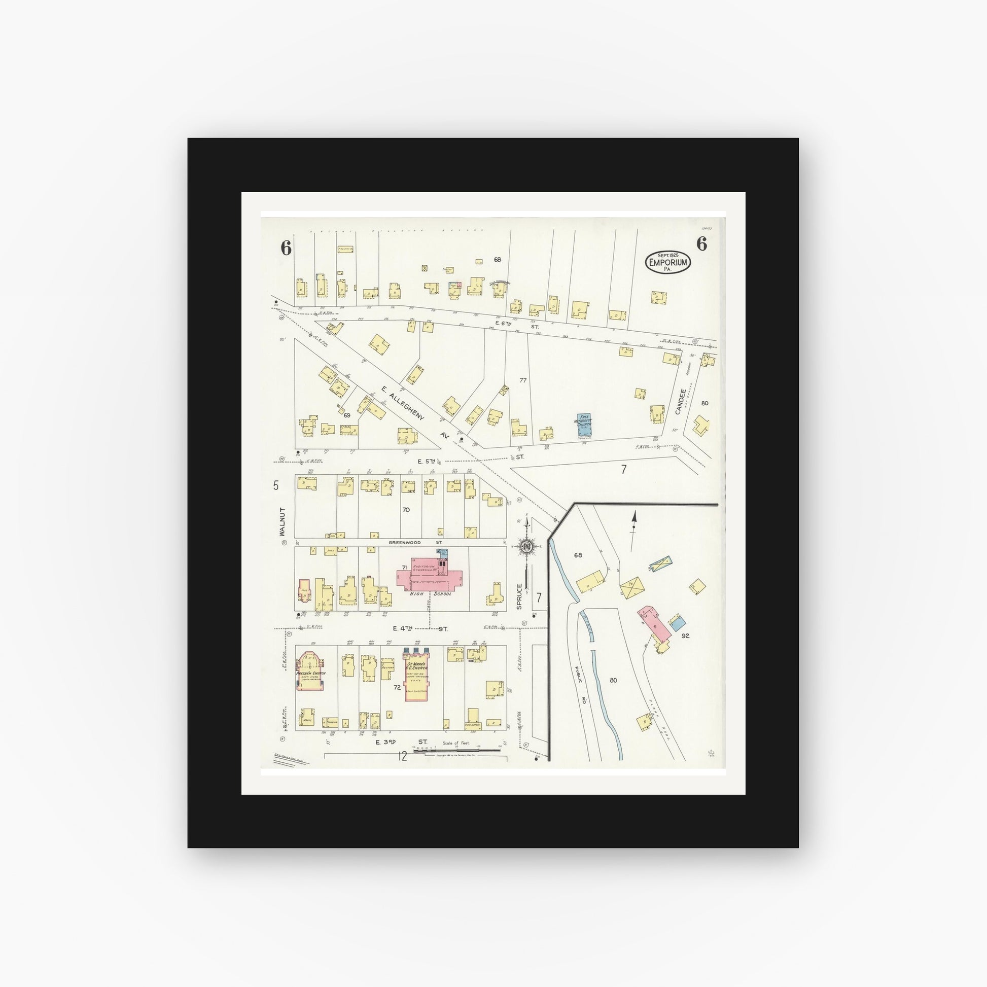 Old map wall art mockup — black gallery frame with white mat — Sanborn Fire Insurance Map from Emporium, Cameron County, Pennsylvania (1925), Sheet #0006