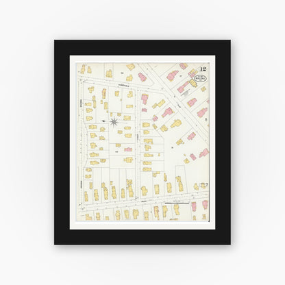 Old map wall art mockup — black gallery frame with white mat — Sanborn Fire Insurance Map from Malone, Franklin County, New York (1903), Sheet #0012