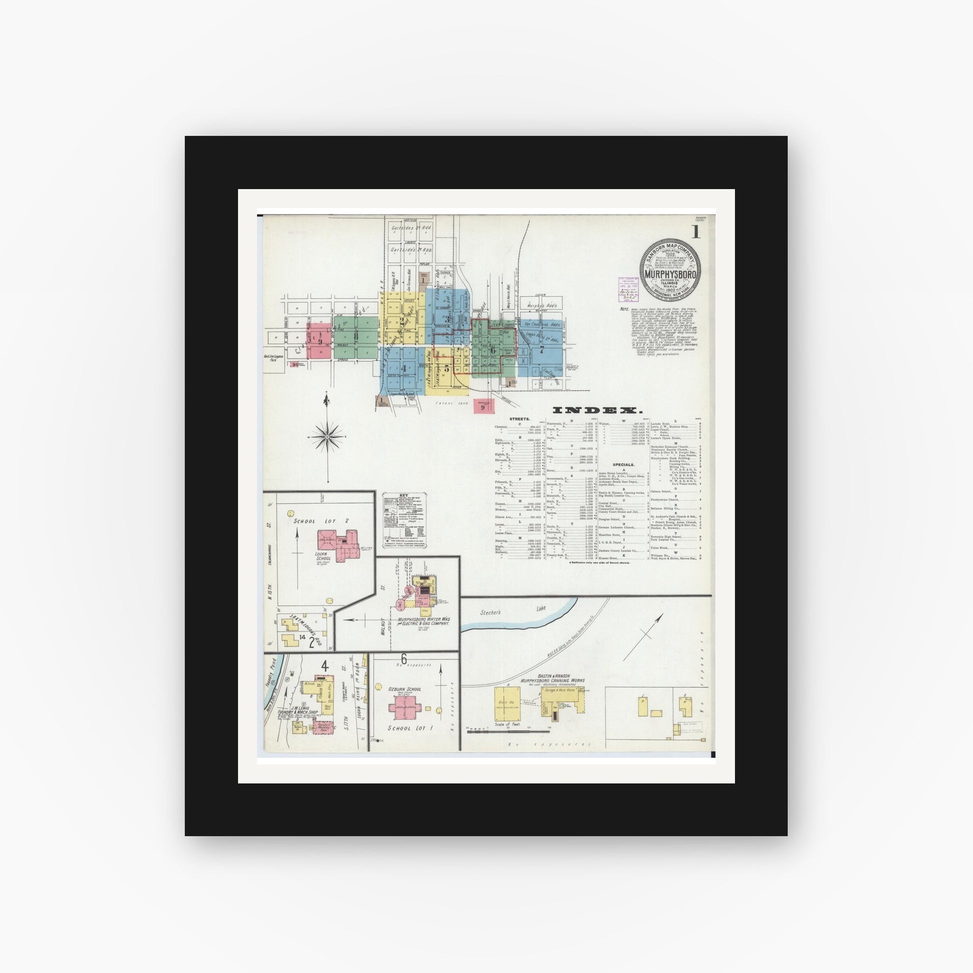 Old map wall art mockup — black gallery frame with white mat — Sanborn Fire Insurance Map from Murphysboro, Jackson County, Illinois (1902) - Complete Map Set