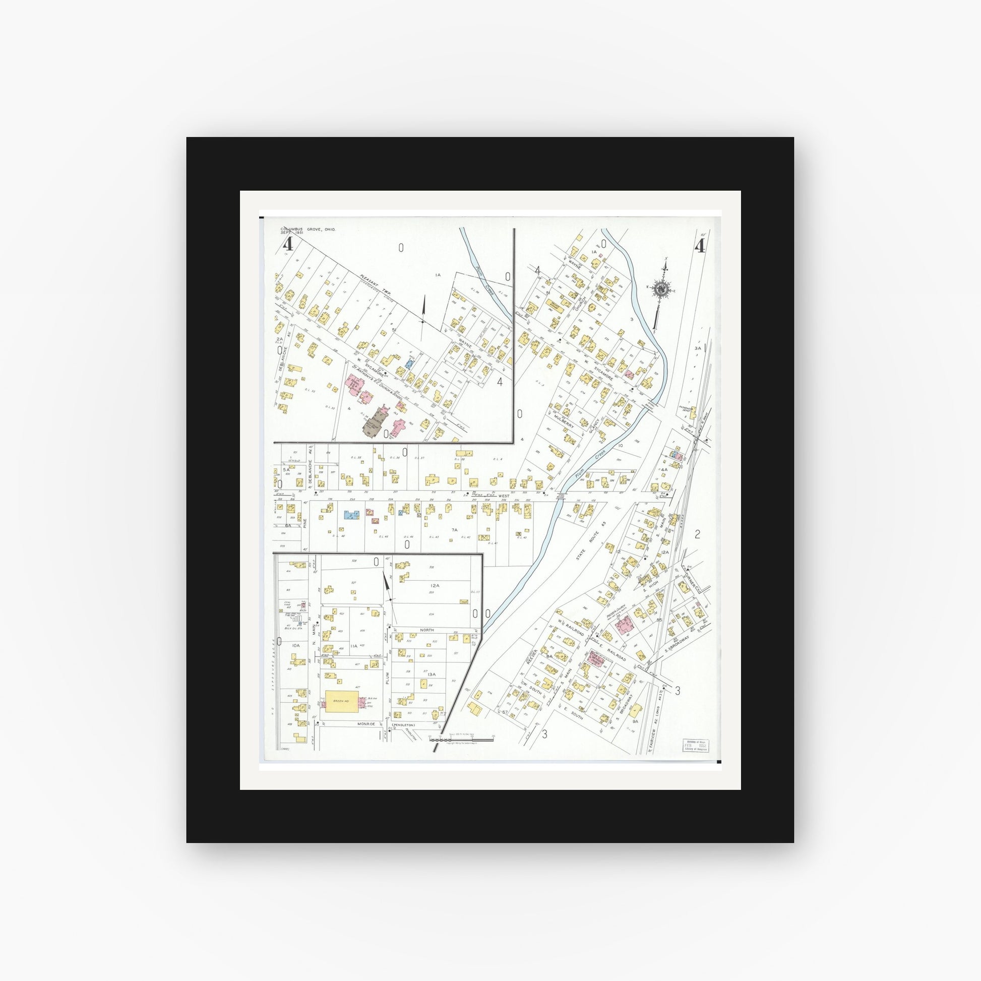 Old map wall art mockup — black gallery frame with white mat — Sanborn Fire Insurance Map from Columbus Grove, Putnam County, Ohio (1951), Sheet #0004