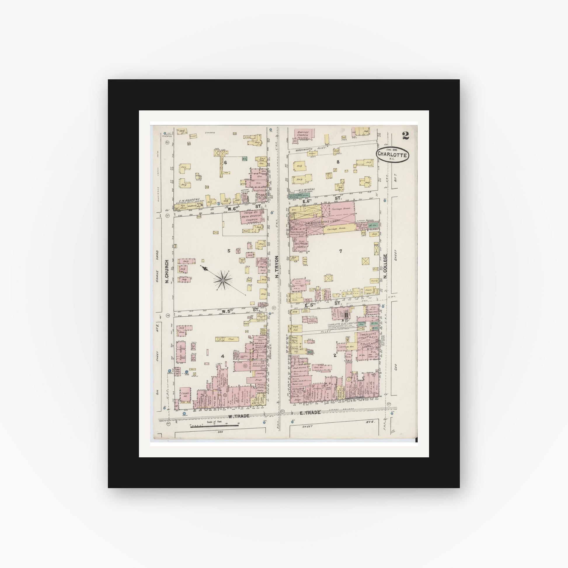 Old map wall art mockup — black gallery frame with white mat — Sanborn Fire Insurance Map from Charlotte, Mecklenburg County, North Carolina (1890), Sheet #0002