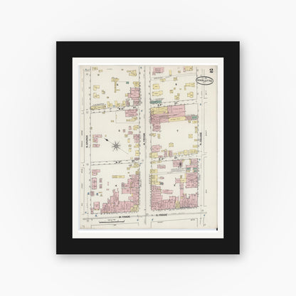 Old map wall art mockup — black gallery frame with white mat — Sanborn Fire Insurance Map from Charlotte, Mecklenburg County, North Carolina (1890), Sheet #0002