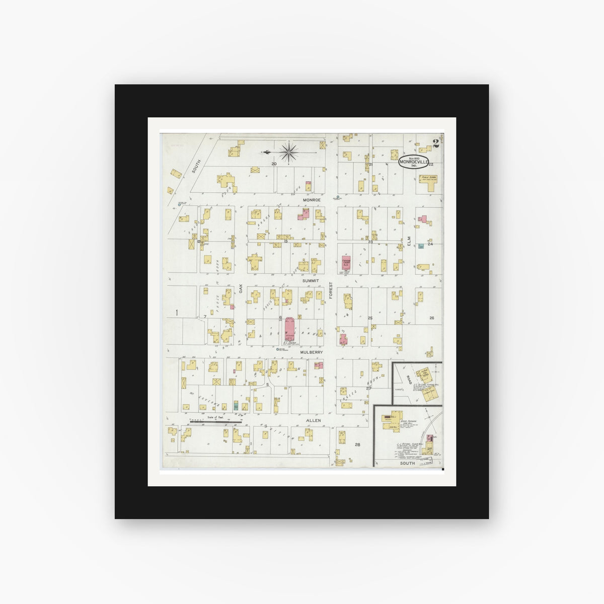 Old map wall art mockup — black gallery frame with white mat — Sanborn Fire Insurance Map from Monroeville, Allen County, Indiana (1900), Sheet #0002