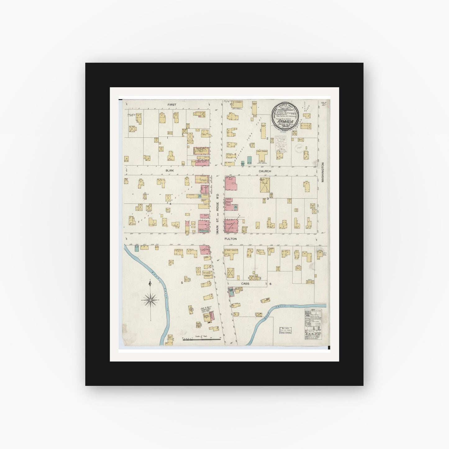 Old map wall art mockup — black gallery frame with white mat — Sanborn Fire Insurance Map from Armada, Macomb County, Michigan (1900), Sheet #0001