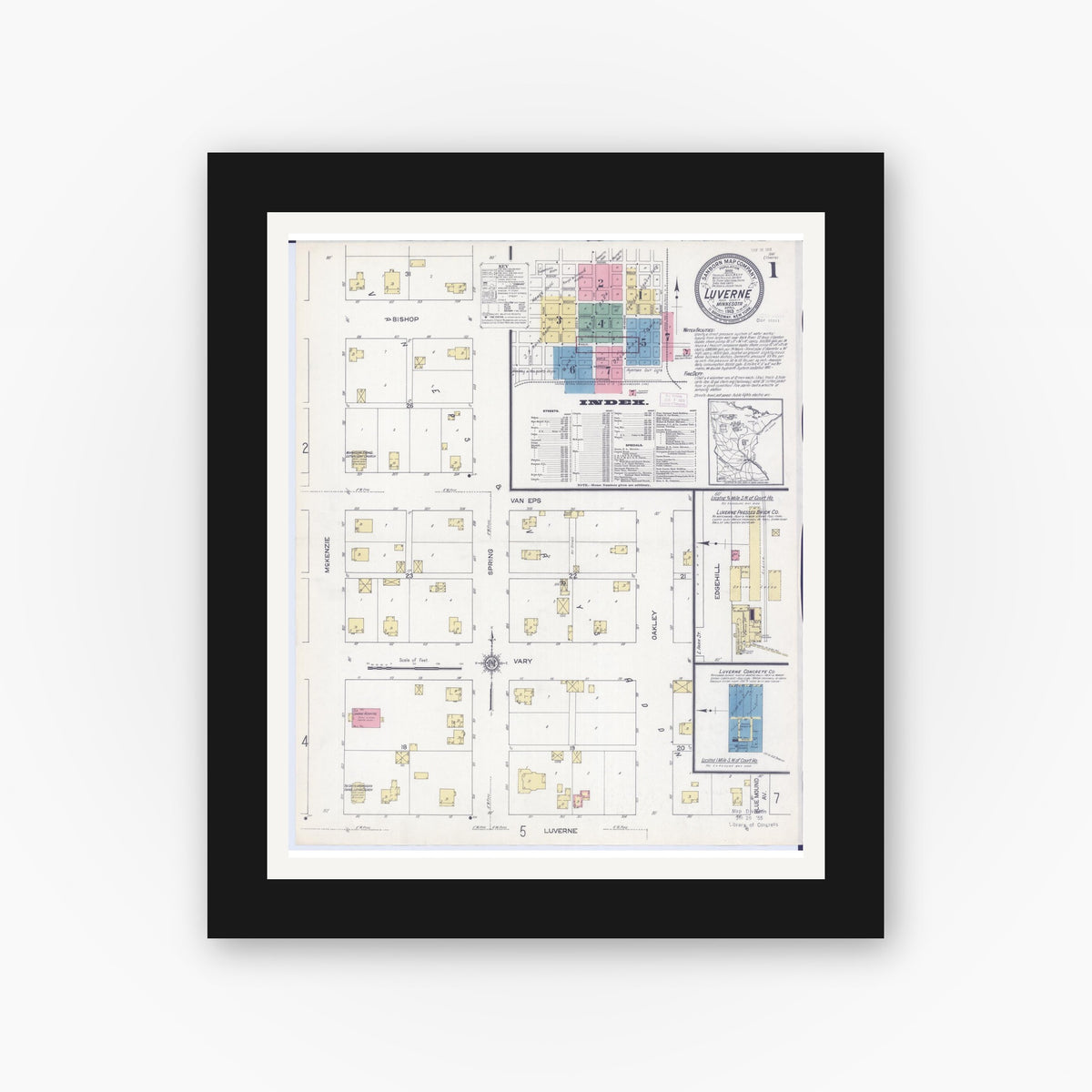 Old map wall art mockup — black gallery frame with white mat — Sanborn Fire Insurance Map from Luverne, Rock County, Minnesota (1913), Sheet #0001