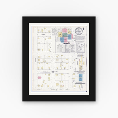 Old map wall art mockup — black gallery frame with white mat — Sanborn Fire Insurance Map from Luverne, Rock County, Minnesota (1913), Sheet #0001
