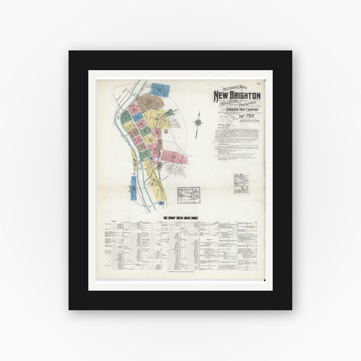 Old map wall art mockup — black gallery frame with white mat — Sanborn Fire Insurance Map from New Brighton, Beaver County, Pennsylvania (1918), Sheet #0001