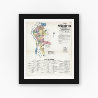 Old map wall art mockup — black gallery frame with white mat — Sanborn Fire Insurance Map from New Brighton, Beaver County, Pennsylvania (1918), Sheet #0001