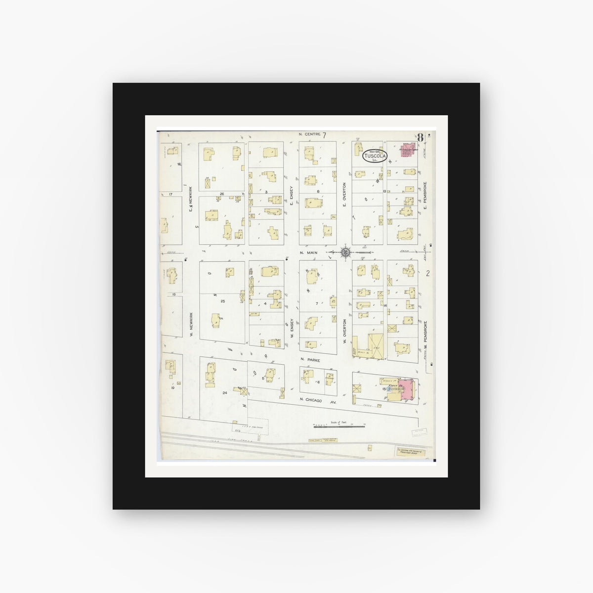 Old map wall art mockup — black gallery frame with white mat — Sanborn Fire Insurance Map from Tuscola, Douglas County, Illinois (1914), Sheet #0008