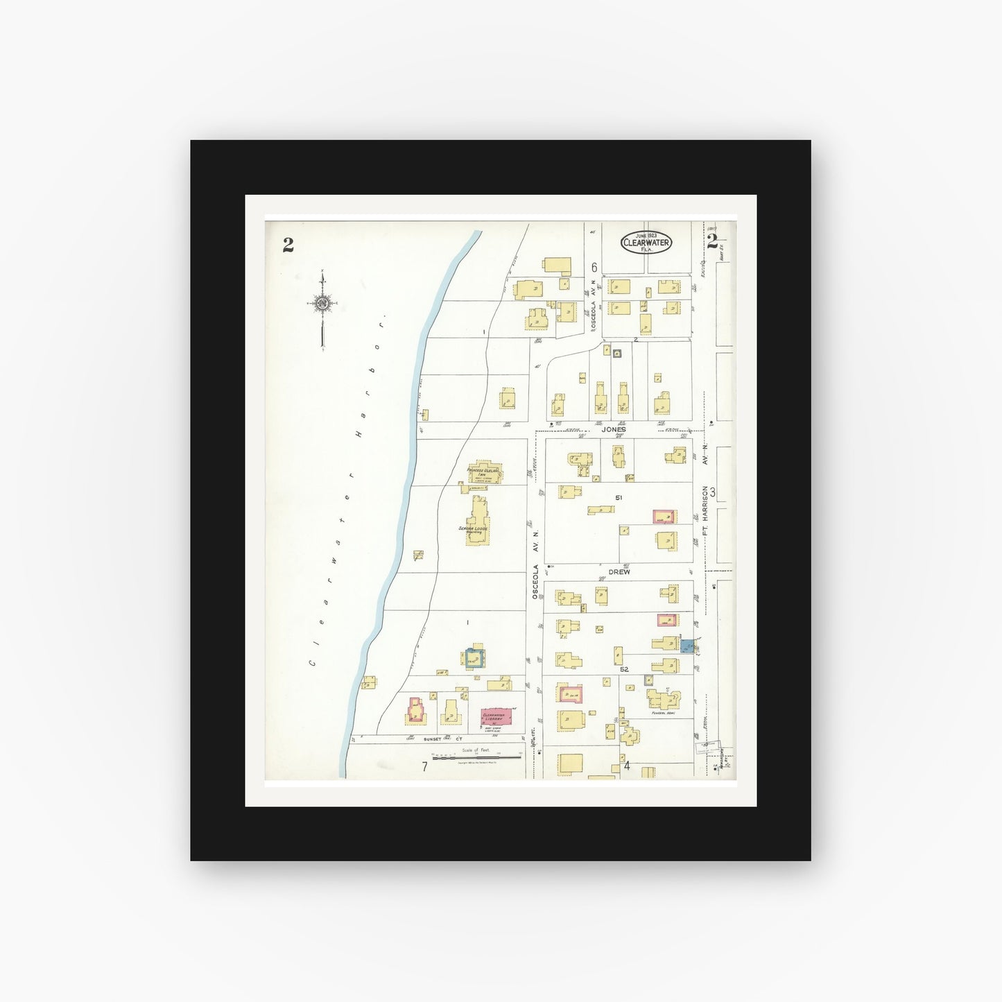 Old map wall art mockup — black gallery frame with white mat — Sanborn Fire Insurance Map from Clearwater, Pinellas County, Florida (1923), Sheet #0002