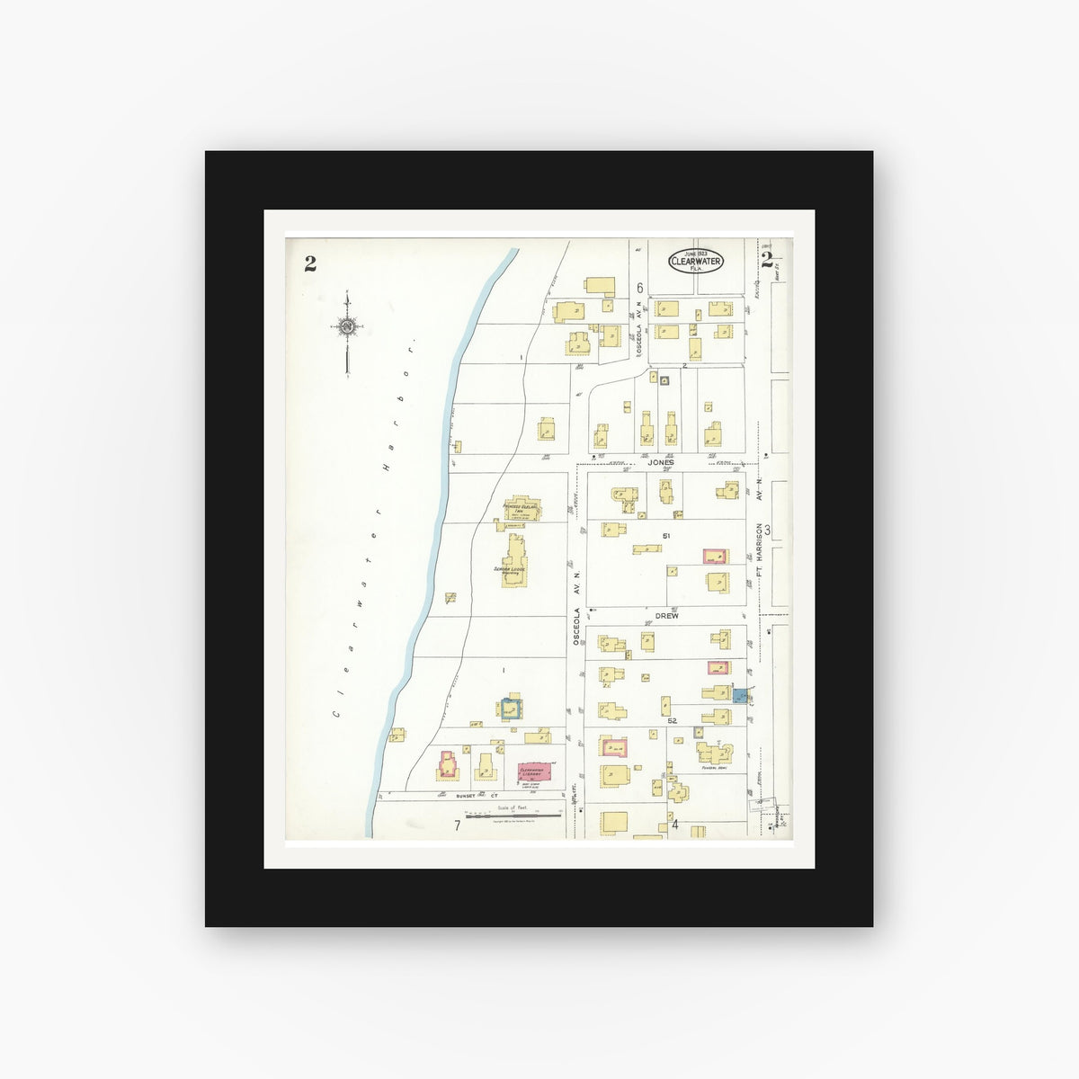 Old map wall art mockup — black gallery frame with white mat — Sanborn Fire Insurance Map from Clearwater, Pinellas County, Florida (1923), Sheet #0002