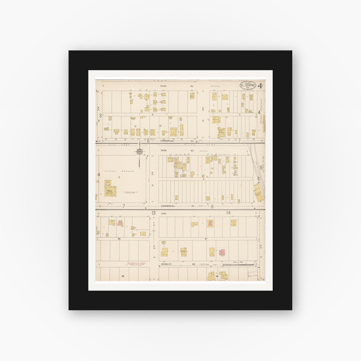 Old map wall art mockup — black gallery frame with white mat — Sanborn Fire Insurance Map from El Centro, Imperial County, California (1914), Sheet #0004