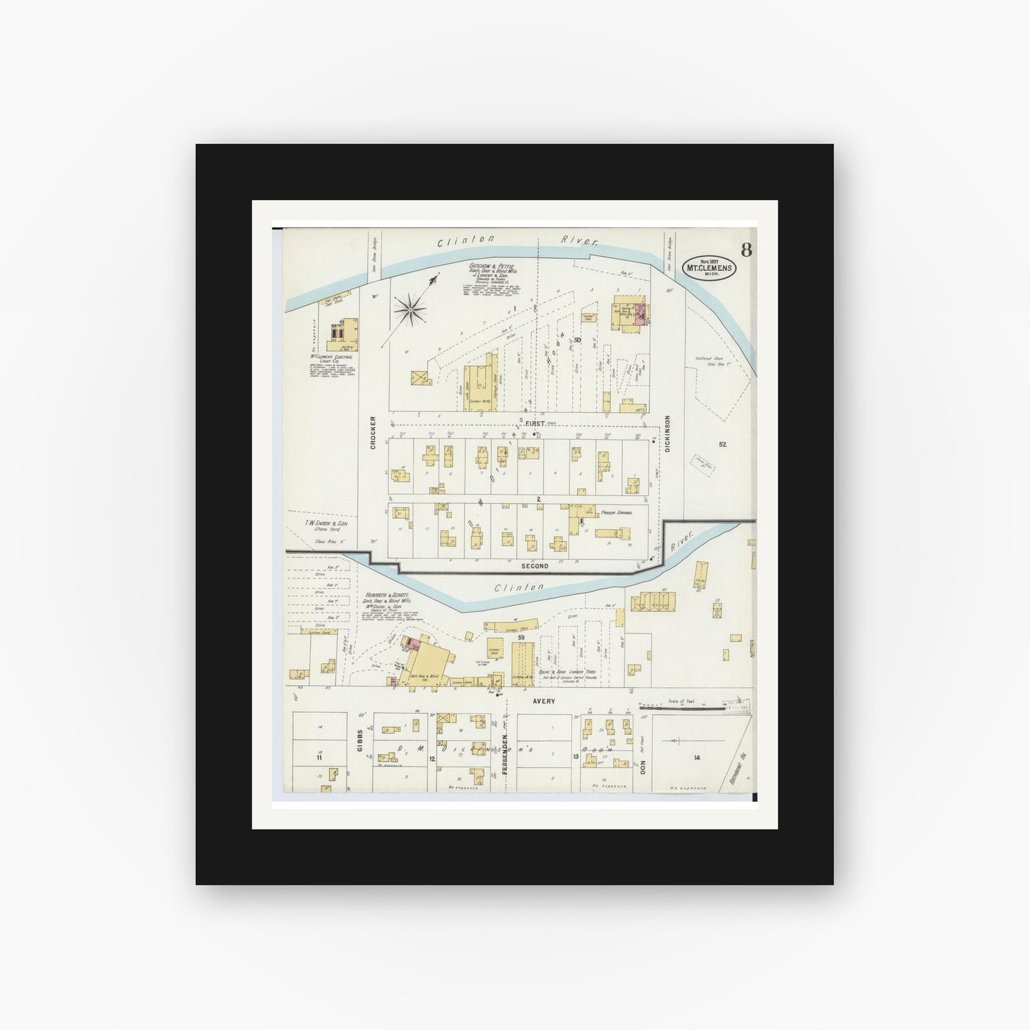 Old map wall art mockup — black gallery frame with white mat — Sanborn Fire Insurance Map from Mount Clemens, Macomb County, Michigan (1897), Sheet #0008