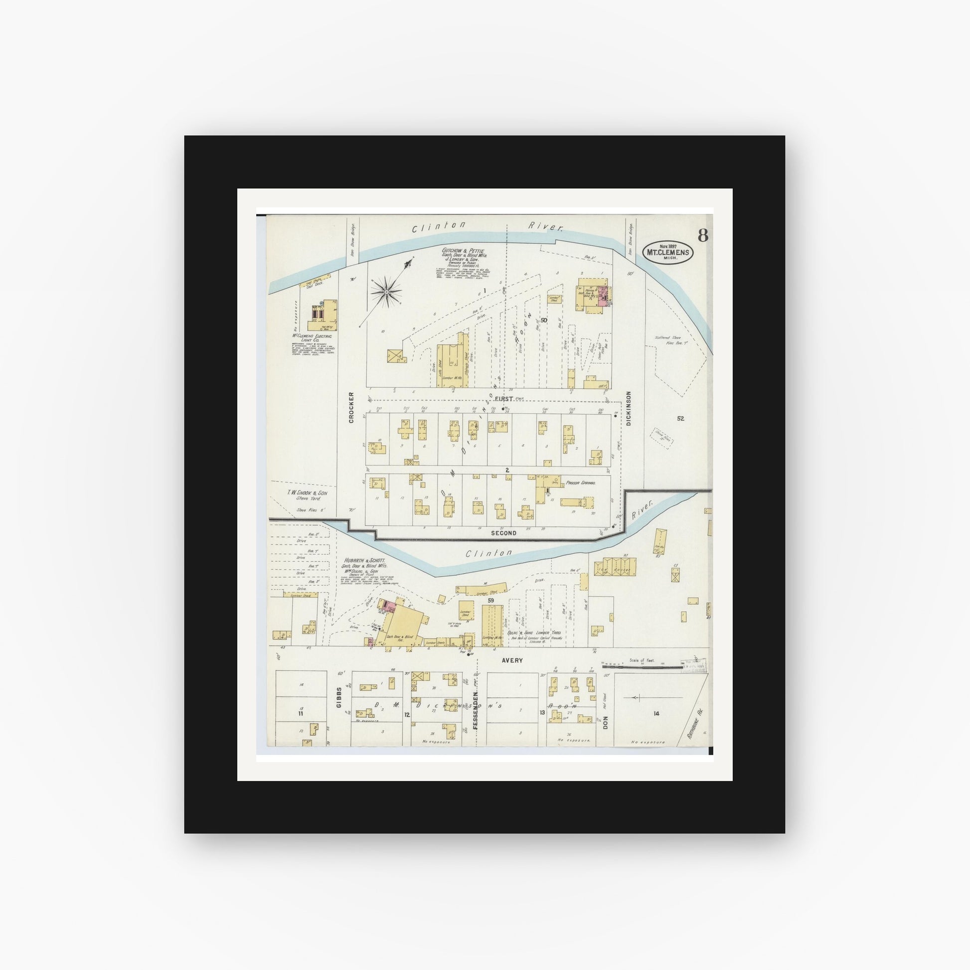 Old map wall art mockup — black gallery frame with white mat — Sanborn Fire Insurance Map from Mount Clemens, Macomb County, Michigan (1897), Sheet #0008